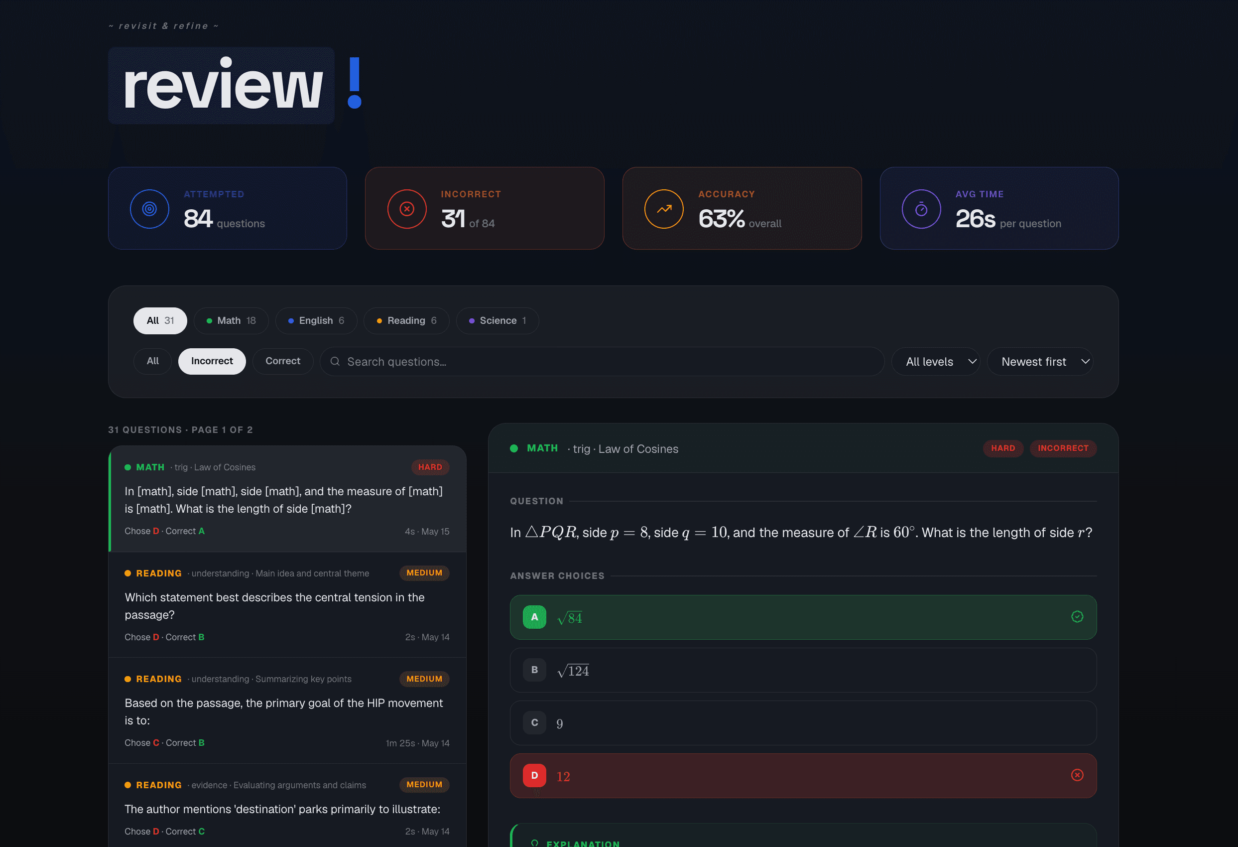 Actify review page — missed questions with explanations
