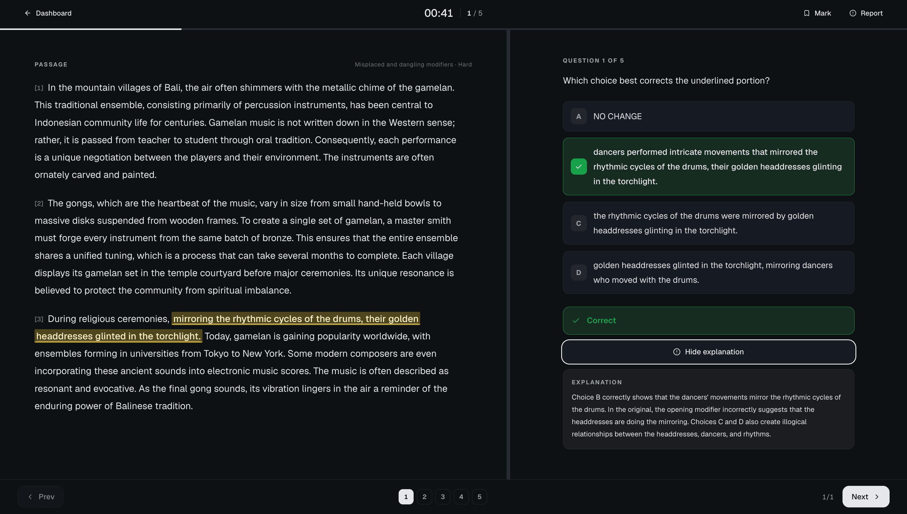 Actify practice page — question on the left, answer choices on the right