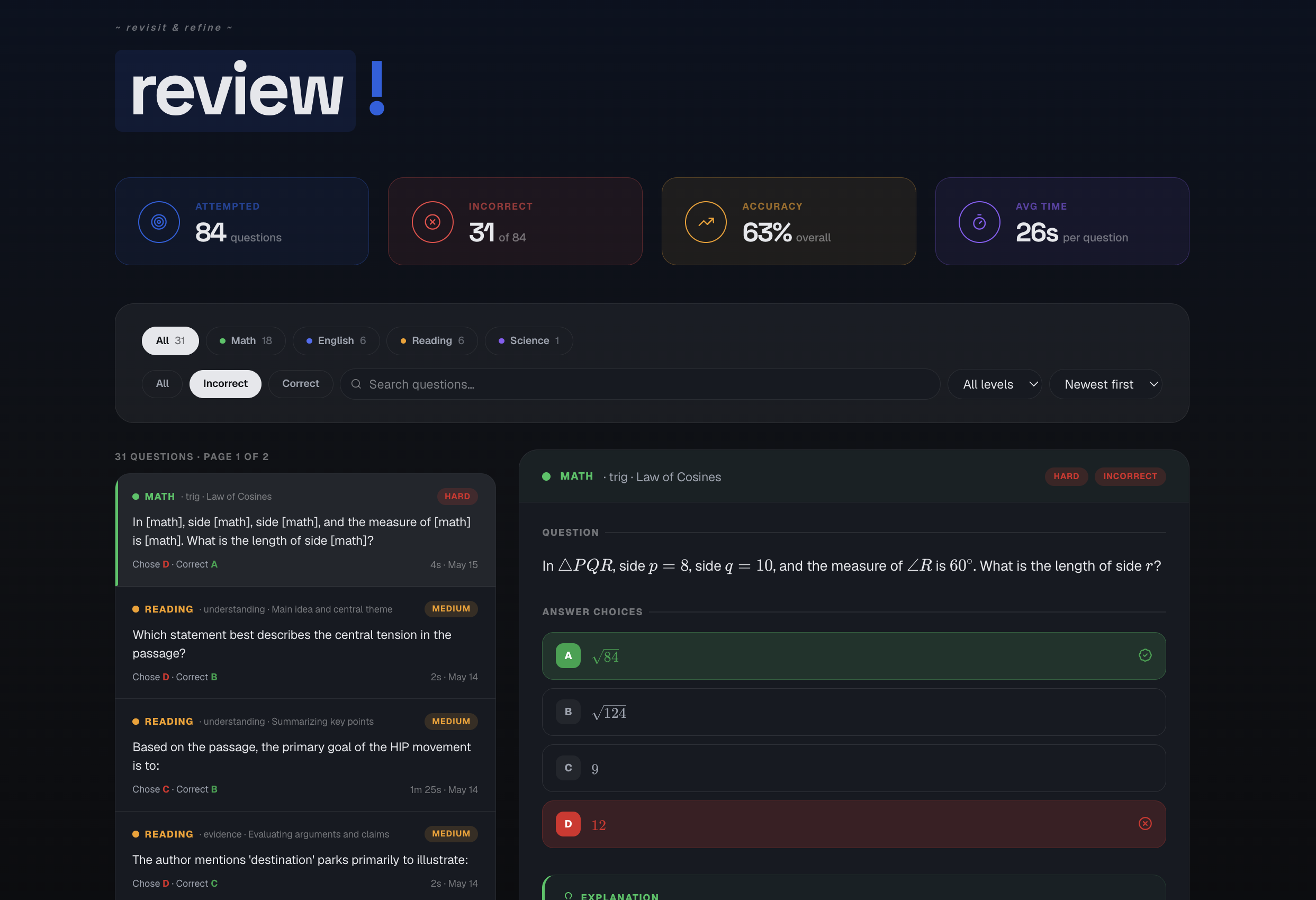 Review page — missed questions, correct answers, and explanations