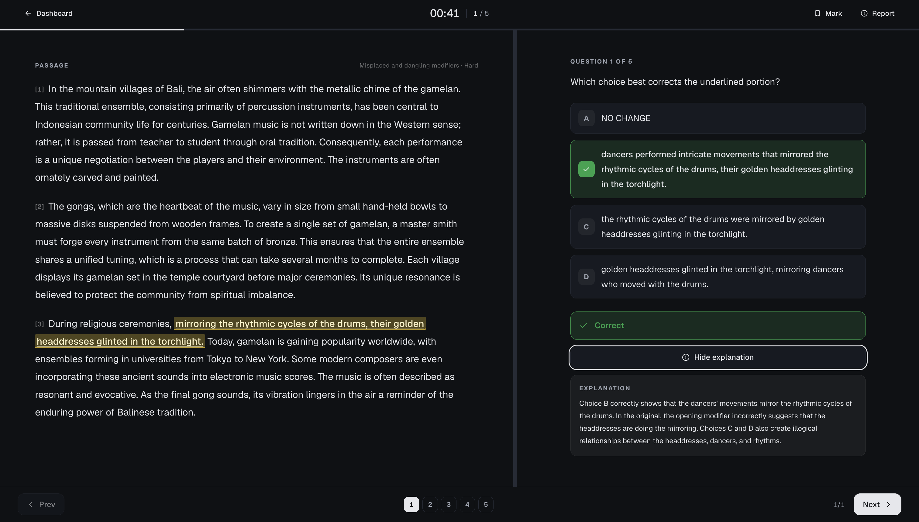 Practice session — passage on left, question and choices on right